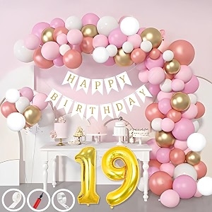 19th birthday decoration items for pink and white theme combination for girls 50 pcs pink white gold rose gold balloon white birthday banner balloon pump arch tape glue dots