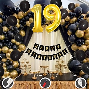 19th birthday decoration items for black and gold theme combination for boys girls  50 pcs black gold balloon  black birthday banner  balloon pump  arch tape  glue dots