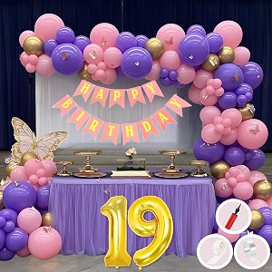 19th birthday decoration items for pink and purple theme combination for girls princes  50 pcs pink purple gold balloon  pink birthday banner  balloon pump  arch tape  glue dots