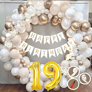 19th birthday decoration items for white and gold theme combination for boys girls  50 pc golden white orange balloon  white birthday banner  balloon pump  arch tape  glue dots
