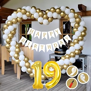 19th birthday decoration items for golden and white theme combination for boys girls  50 pcs gold white balloon  white birthday banner  balloon pump  arch tape  glue dots