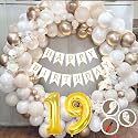 19th Birthday Decoration Items for White and Gold Theme Combination for Boys Girls | 50 Pc Golden White Orange Balloon | White Birthday Banner | Balloon Pump | Arch Tape | Glue Dots