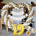 19th Birthday Decoration Items for Golden and White Theme Combination for Boys Girls | 50 Pcs Gold White Balloon | White Birthday Banner | Balloon Pump | Arch Tape | Glue Dots