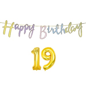 19th happy birthday decoration kit multicolour for 19 year old boy girl multicolor with number nineteen decorations decor items item set combo reusable cursive banner
