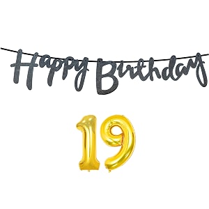 19th happy birthday decoration kit black for 19 year old boys girls with number nineteen decorations decor celebration items item set combo reusable cursive banner