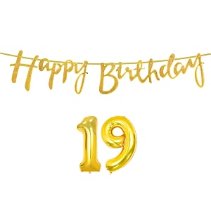 19th happy birthday decoration kit golden for 19 year old boys girls with number nineteen decorations decor celebration items item set combo reusable cursive banner