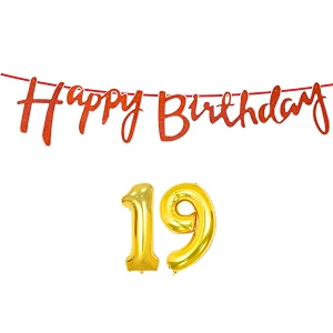 19th happy birthday decoration kit orange for 19 year old boys girls with number nineteen decorations decor celebration items item set combo reusable cursive banner