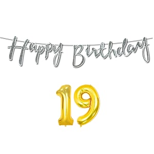 19th happy birthday decoration kit silver for 19 year old boys girls with number nineteen decorations decor celebration items item set combo reusable cursive banner