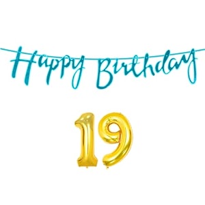 19th happy birthday decoration kit blue for 19 year old boys girls with number nineteen decorations decor celebration items item set combo reusable cursive banner