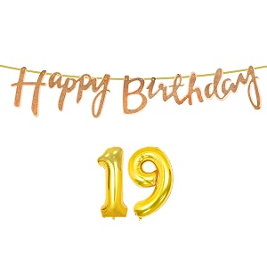 19th happy birthday decoration kit rose gold for 19 year old boys girls with number nineteen decorations decor celebration items item set combo reusable cursive banner