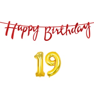 19th happy birthday decoration kit red for 19 year old boys girls with number nineteen decorations decor celebration items item set combo reusable cursive banner