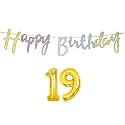 19th Happy Birthday Decoration Kit Multicolour for 19 Year Old Boy Girl Multicolor with Number Nineteen Decorations Decor Items Item Set Combo Reusable Cursive Banner