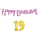 19th Happy Birthday Decoration Kit Dark Pink for 19 Year Old Boys Girls with Number Nineteen Decorations Decor Celebration Items Item Set Combo Reusable Cursive Banner