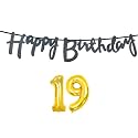 19th Happy Birthday Decoration Kit Black for 19 Year Old Boys Girls with Number Nineteen Decorations Decor Celebration Items Item Set Combo Reusable Cursive Banner