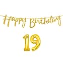 19th Happy Birthday Decoration Kit Golden for 19 Year Old Boys Girls with Number Nineteen Decorations Decor Celebration Items Item Set Combo Reusable Cursive Banner