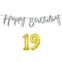 19th Happy Birthday Decoration Kit Silver for 19 Year Old Boys Girls with Number Nineteen Decorations Decor Celebration Items Item Set Combo Reusable Cursive Banner