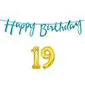 19th Happy Birthday Decoration Kit Blue for 19 Year Old Boys Girls with Number Nineteen Decorations Decor Celebration Items Item Set Combo Reusable Cursive Banner