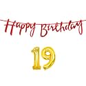 19th Happy Birthday Decoration Kit Red for 19 Year Old Boys Girls with Number Nineteen Decorations Decor Celebration Items Item Set Combo Reusable Cursive Banner