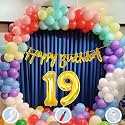 19th Multicolour Birthday Decoration Items for Boys Girls Kids Mens Women | 60 Pcs Mix Color Balloons | Gold Cursive Glitter Birthday Banner | Balloon Pump | Arch Tape | Glue Dots
