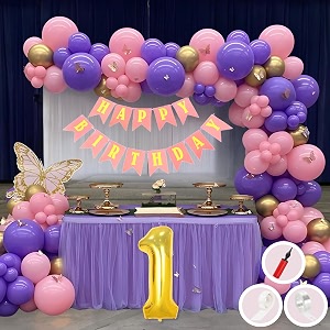 1st birthday decoration items for pink and purple theme combination for girls princes  50 pcs pink purple gold balloon  pink birthday banner  balloon pump  arch tape  glue dots