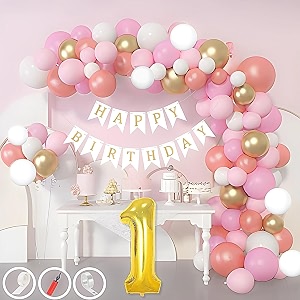 1st birthday decoration items for pink and white theme combination for girls 50 pcs pink white gold rose gold balloon white birthday banner balloon pump arch tape glue dots