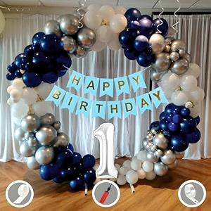 1st birthday decoration items for blue and white theme combination for boys girls  50 pcs blue white silver balloon  blue birthday banner  balloon pump  arch tape  glue dots