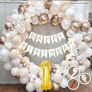 1st birthday decoration items for white and gold theme combination for boys girls  50 pc golden white orange balloon  white birthday banner  balloon pump  arch tape  glue dots