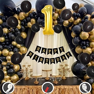 1st birthday decoration items for black and gold theme combination for boys girls  50 pcs black gold balloon  black birthday banner  balloon pump  arch tape  glue dots