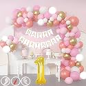1st Birthday Decoration Items for Pink and White Theme Combination for Girls| 50 Pcs Pink White Gold Rose Gold Balloon| White Birthday Banner| Balloon Pump| Arch Tape| Glue Dots