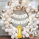 1st Birthday Decoration Items for White and Gold Theme Combination for Boys Girls | 50 Pc Golden White Orange Balloon | White Birthday Banner | Balloon Pump | Arch Tape | Glue Dots