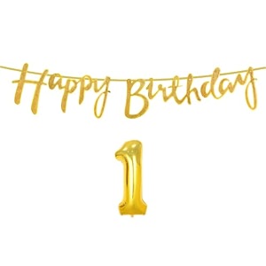 1st happy birthday decoration kit golden for 1 year old boys girls baby with number one decorations decor celebration items item set combo reusable cursive banner