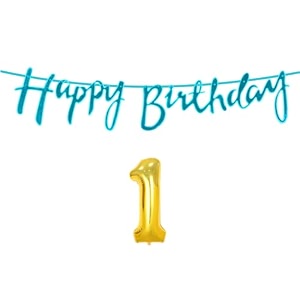 1st happy birthday decoration kit blue for 1 year old boys girls baby with number one decorations decor celebration items item set combo reusable cursive banner