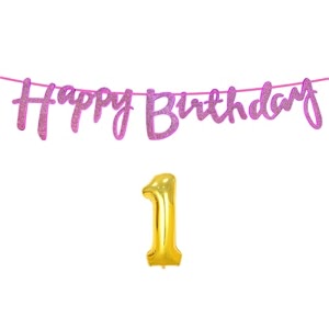 1st happy birthday decoration kit dark pink for 1 year old boys girls baby with number one decorations decor celebration items item set combo reusable cursive banner