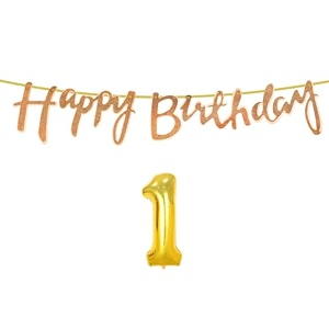 1st happy birthday decoration kit rose gold for 1 year old boys girls baby with number one decorations decor celebration items item set combo reusable cursive banner