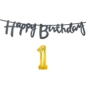 1st happy birthday decoration kit black for 1 year old boys girls baby with number one decorations decor celebration items item set combo reusable cursive banner
