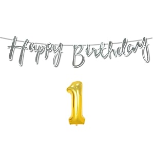 1st happy birthday decoration kit silver for 1 year old boys girls baby with number one decorations decor celebration items item set combo reusable cursive banner