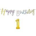 1st Happy Birthday Decoration Kit Multicolour for 1 Year Old Boys Girls Baby Multicolor with Number One Decorations Decor Items Item Set Combo Reusable Cursive Banner