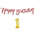 1st Happy Birthday Decoration Kit Red for 1 Year Old Boys Girls Baby with Number One Decorations Decor Celebration Items Item Set Combo Reusable Cursive Banner