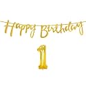 1st Happy Birthday Decoration Kit Golden for 1 Year Old Boys Girls Baby with Number One Decorations Decor Celebration Items Item Set Combo Reusable Cursive Banner
