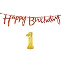 1st Happy Birthday Decoration Kit Orange for 1 Year Old Boys Girls Baby with Number One Decorations Decor Celebration Items Item Set Combo Reusable Cursive Banner