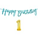 1st Happy Birthday Decoration Kit Blue for 1 Year Old Boys Girls Baby with Number One Decorations Decor Celebration Items Item Set Combo Reusable Cursive Banner