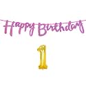 1st Happy Birthday Decoration Kit Dark Pink for 1 Year Old Boys Girls Baby with Number One Decorations Decor Celebration Items Item Set Combo Reusable Cursive Banner