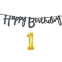 1st Happy Birthday Decoration Kit Black for 1 Year Old Boys Girls Baby with Number One Decorations Decor Celebration Items Item Set Combo Reusable Cursive Banner