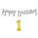 1st Happy Birthday Decoration Kit Silver for 1 Year Old Boys Girls Baby with Number One Decorations Decor Celebration Items Item Set Combo Reusable Cursive Banner