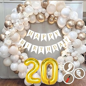 20th birthday decoration items for white and gold theme combination for boys girls  50 pc golden white orange balloon  white birthday banner  balloon pump  arch tape  glue dots