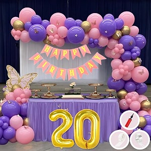 20th birthday decoration items for pink and purple theme combination for girls princes  50 pcs pink purple gold balloon  pink birthday banner  balloon pump  arch tape  glue dots