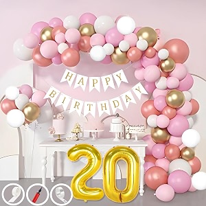 20th birthday decoration items for pink and white theme combination for girls 50 pcs pink white gold rose gold balloon white birthday banner balloon pump arch tape glue dots