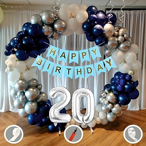 20th birthday decoration items for blue and white theme combination for boys girls  50 pcs blue white silver balloon  blue birthday banner  balloon pump  arch tape  glue dots