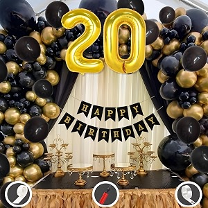 20th birthday decoration items for black and gold theme combination for boys girls  50 pcs black gold balloon  black birthday banner  balloon pump  arch tape  glue dots