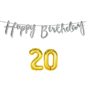 20th happy birthday decoration kit silver for 20 year old boys girls with number twenty decorations decor celebration items item set combo reusable cursive banner